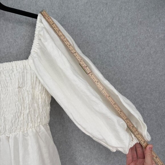 Tuckernuck Annie Linen Smocked Mini Dress Size S White Puff Sleeve Neutral Chic - Picture 11 of 11
